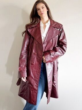 Vintage Burgundy Leather Trench Coat - Women's -Large